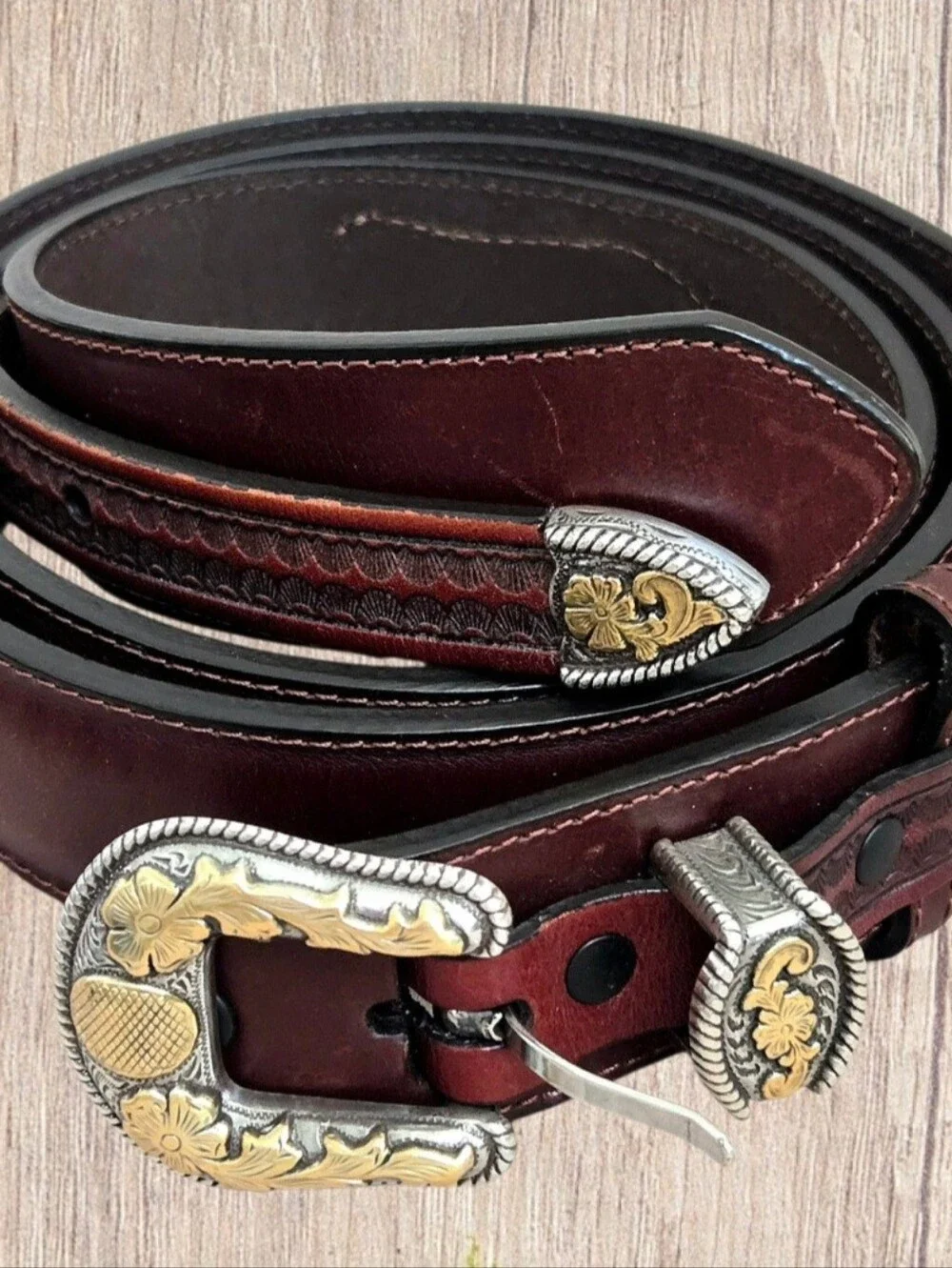 Nocona Western Brown Leather Belt Ornate Silver Gold Buckle Sz 46 Cowboy Ranch